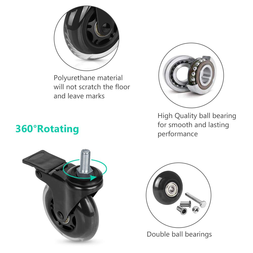 Hirate Threaded Stem Casters 3/8"-16UNC with Brake, Set of 4 Heavy Duty 3" Swivel Caster with Safety Locking for Workbench Trolley Carts with Lock Nuts