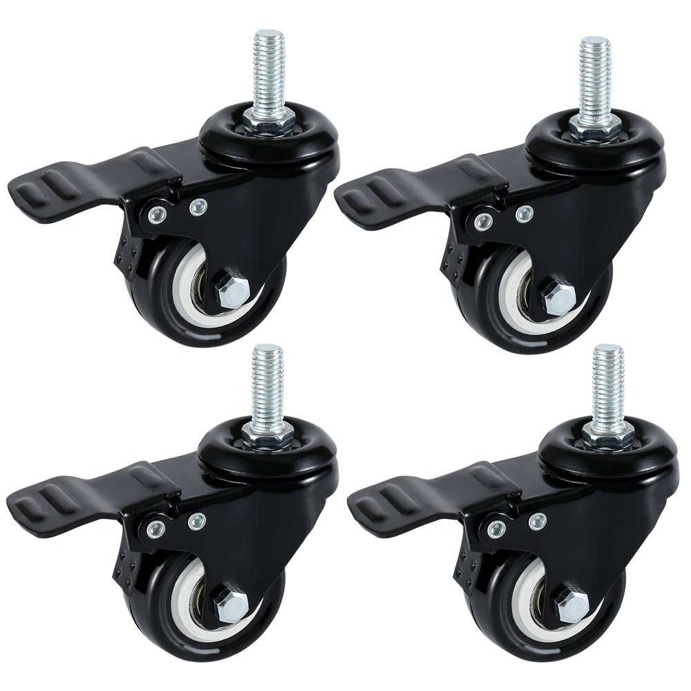 DICASAL 2" Stem Casters, Heavy Duty Swivel Stem Casters PU Foam Quite Mute No Noise Castors Markless Wheels Double Bearings and Locks Loading 300 Lbs Pack of 4 with Brake Black