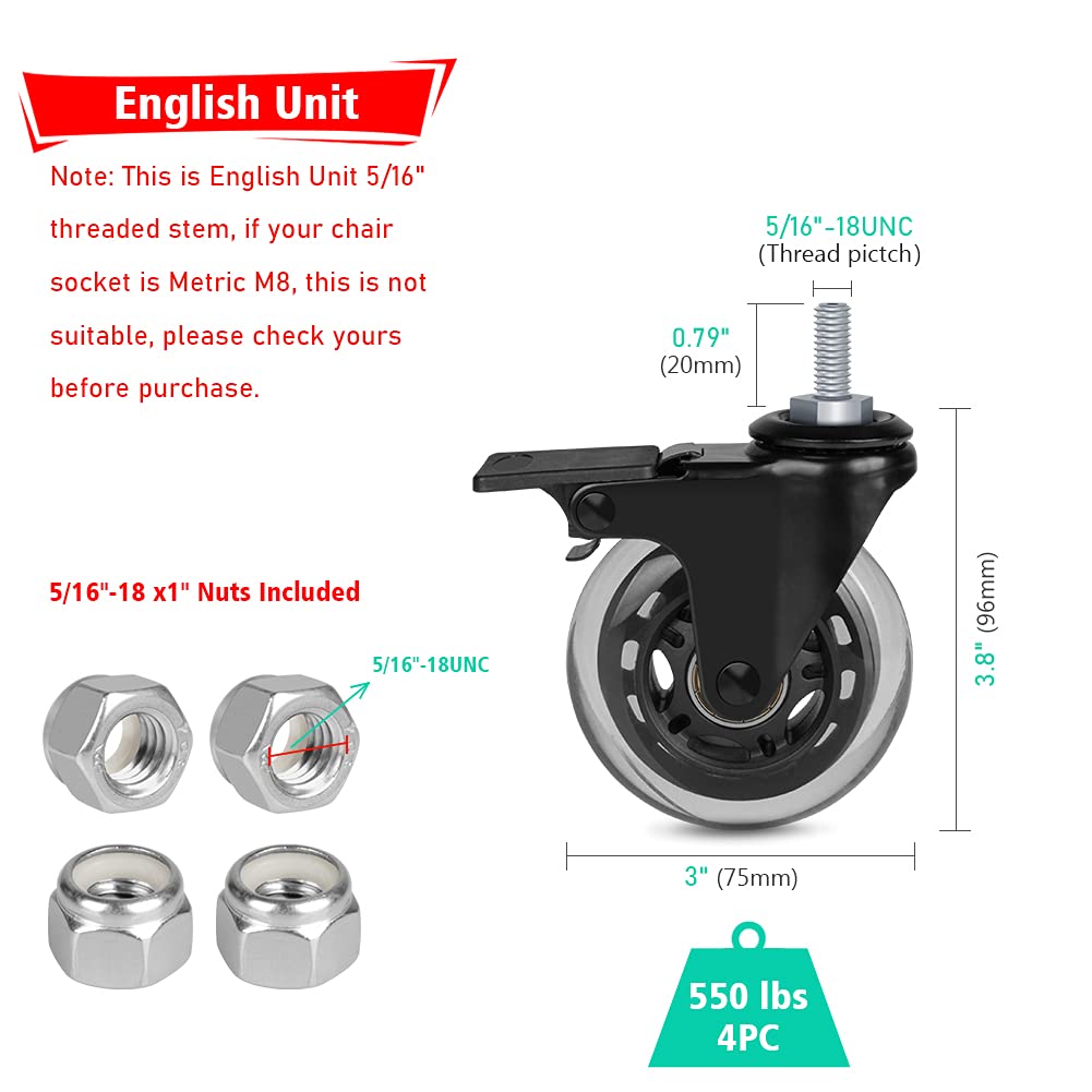 Hirate Threaded Stem Casters 3/8"-16UNC with Brake, Set of 4 Heavy Duty 3" Swivel Caster with Safety Locking for Workbench Trolley Carts with Lock Nuts