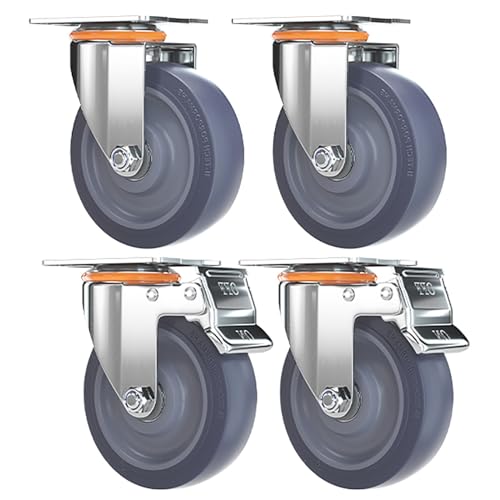 Caster Wheels, Casters Set of 4, 5 Inch Wheels for Furniture Directional Casters & Swivel Casters & Brake Casters, Industrial Casters Rubber Silent Load Capacity 400Kg(2universal+2brake)