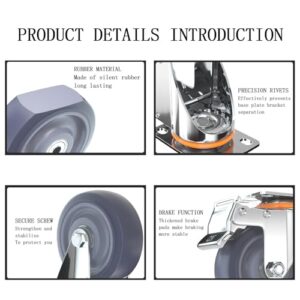 Caster Wheels, Casters Set of 4, 5 Inch Wheels for Furniture Directional Casters & Swivel Casters & Brake Casters, Industrial Casters Rubber Silent Load Capacity 400Kg(2universal+2brake)