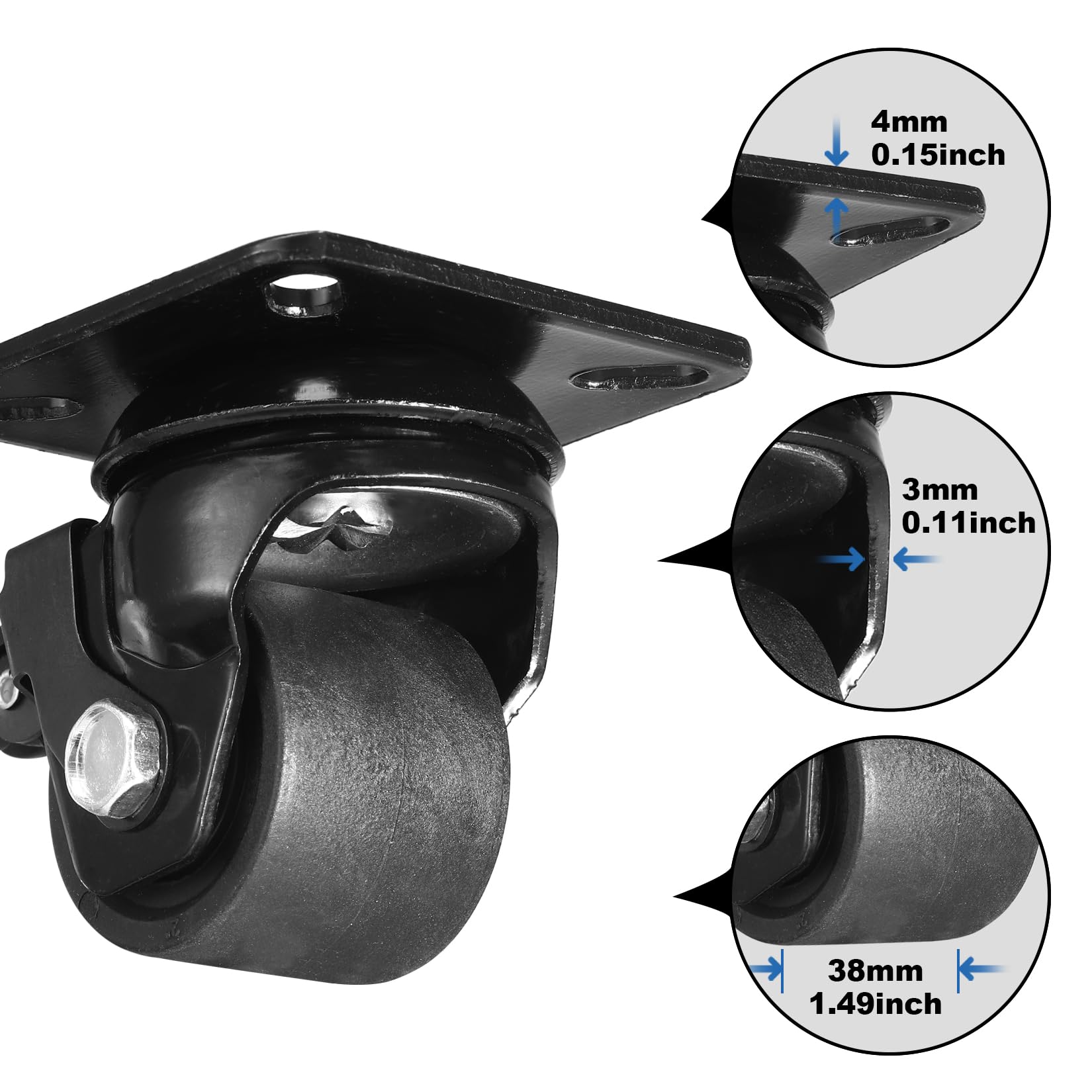 W B D WEIBIDA 2-inch Plate Swivel Caster Wheels Set of 4 Heavy Duty, Load Capacity 2200lbs, Low Gravity Center Black Extra Width Caster with Brake, Endurance &Quiet &Sturdy Nylon Wheels for Industrial