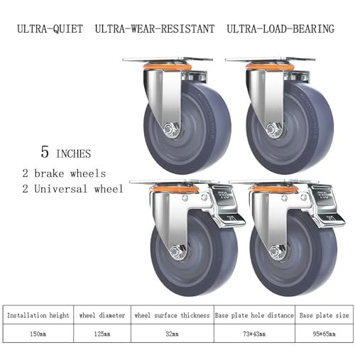 Caster Wheels, Casters Set of 4, 5 Inch Wheels for Furniture Directional Casters & Swivel Casters & Brake Casters, Industrial Casters Rubber Silent Load Capacity 400Kg(2universal+2brake)