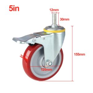 3/4 / 5 in Casters Wheels, Trolley Furniture Caster, Heavy Duty Furniture Casters,Rubber Swivel Castor Wheel, with Brakes, Red, Four-Piece, Heavy Equipment (Color : Rojo, Size : 5in/125mm)