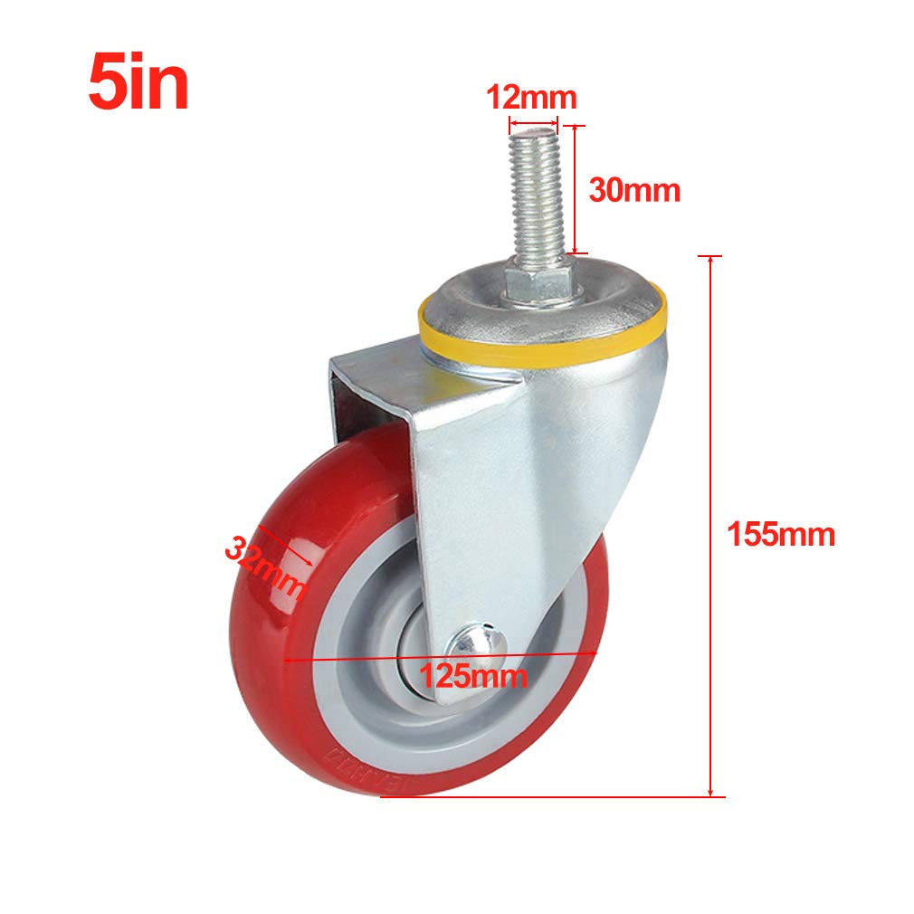 3/4 / 5 in Casters Wheels, Trolley Furniture Caster, Heavy Duty Furniture Casters,Rubber Swivel Castor Wheel, with Brakes, Red, Four-Piece, Heavy Equipment (Color : Rojo, Size : 5in/125mm)