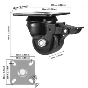 W B D WEIBIDA 2-inch Plate Swivel Caster Wheels Set of 4 Heavy Duty, Load Capacity 2200lbs, Low Gravity Center Black Extra Width Caster with Brake, Endurance &Quiet &Sturdy Nylon Wheels for Industrial