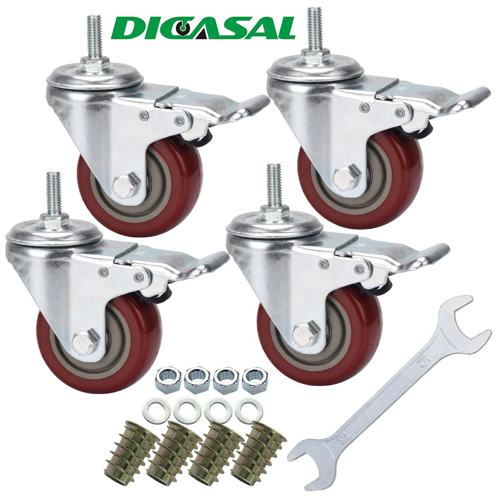 DICASAL 3 Inch Heavy Duty Stem Casters 360 Degree Swivel Durable Wheels Castors with Imperial Size 3/8"-16x1" Threads Dual Safety Locks and Bearings Easy to Install for Furniture and DIY Tools