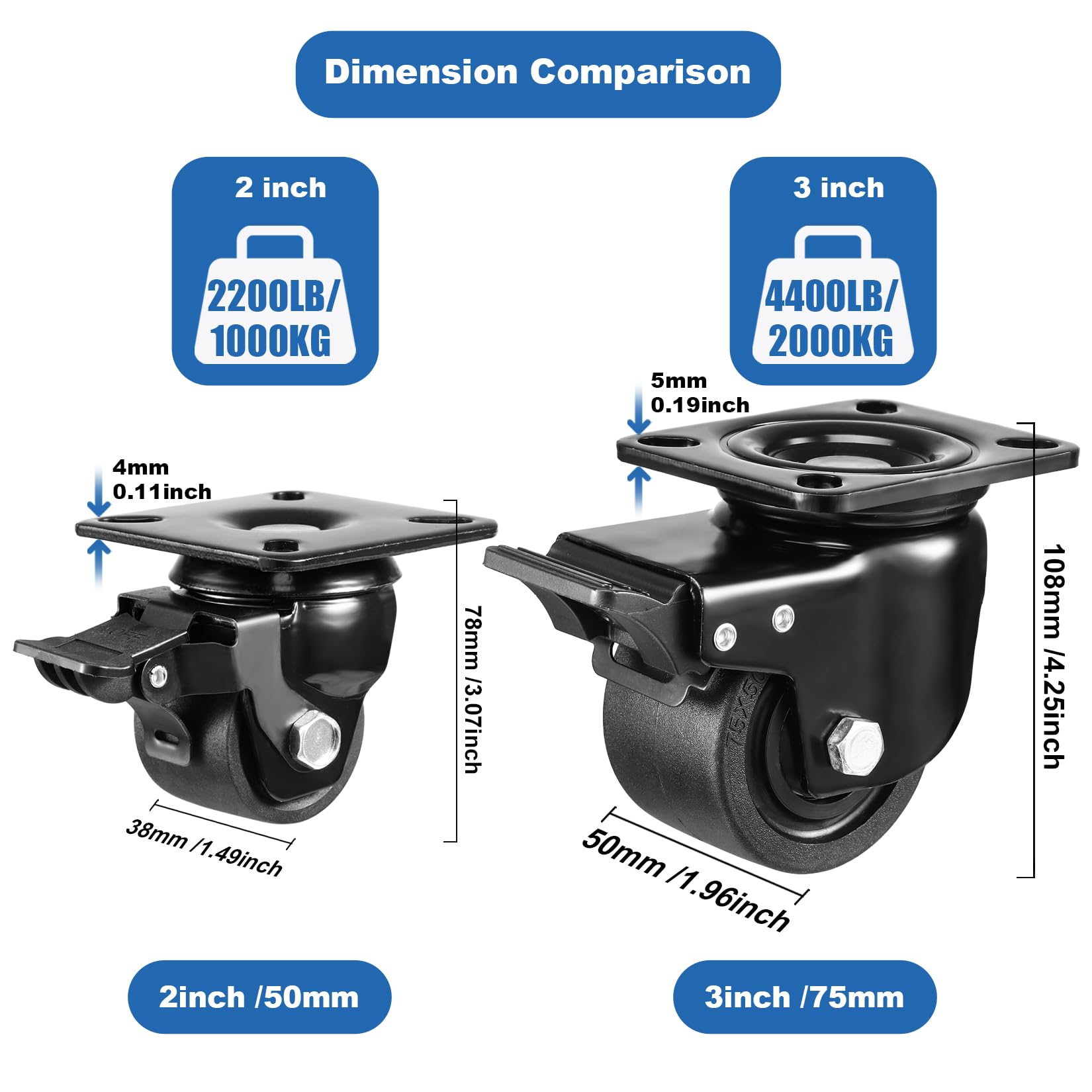 W B D WEIBIDA 2-inch Plate Swivel Caster Wheels Set of 4 Heavy Duty, Load Capacity 2200lbs, Low Gravity Center Black Extra Width Caster with Brake, Endurance &Quiet &Sturdy Nylon Wheels for Industrial