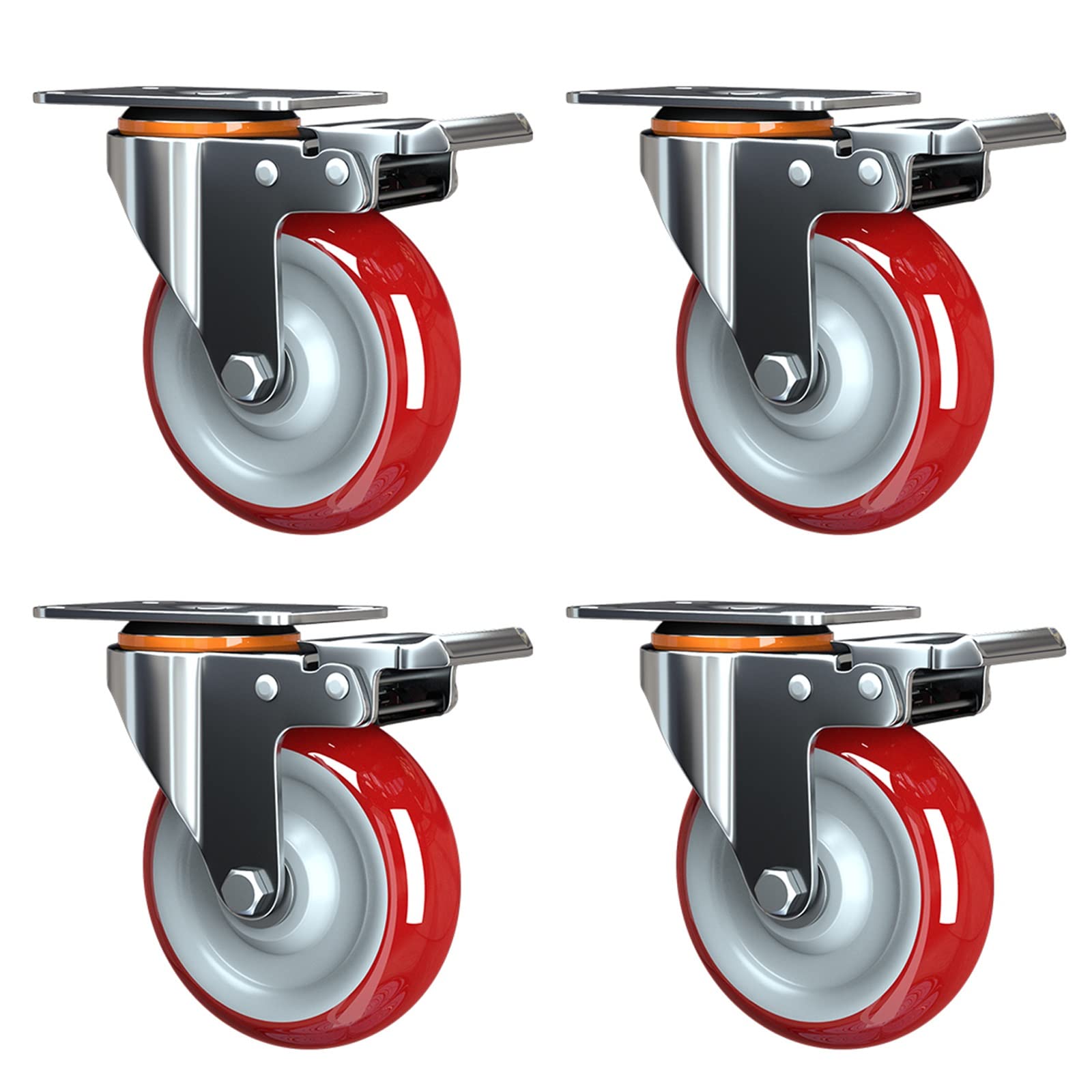 Swivel Casters Wheels 4pcs, Castor Wheels Heavy Duty Swivel Trolley Furniture Caster with Brakes, Polyurethane Material, Mute Castor Wheels, 360 Degree Swivel Castors, Red Castor Wheel (Color : Red,