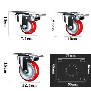 Swivel Casters Wheels 4pcs, Castor Wheels Heavy Duty Swivel Trolley Furniture Caster with Brakes, Polyurethane Material, Mute Castor Wheels, 360 Degree Swivel Castors, Red Castor Wheel (Color : Red,