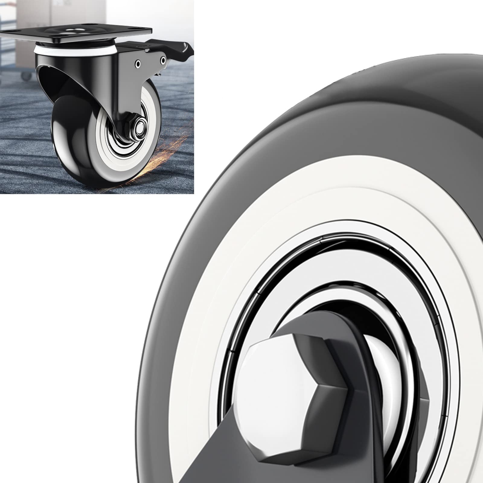 Trolley Furniture Castors, Mute Castor Wheels, Swivel Casters Wheels, Brake Heavy Duty Caster Wheels, Moving Caster Wheels, 2 Casters Without Brakes and 2 Casters with Brakes, Black Castor Wheel (Col