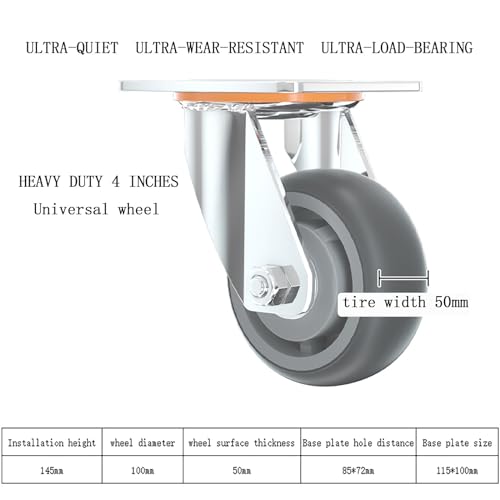 Heavy Duty Casters, 4 Inch Caster Wheels, Casters Set of 4 Wheels Directional-Swivel-Brake Casters, Industrial/Workbench/Cart Casters Rubber-Silent Load Capacity 600Kg(Universal)