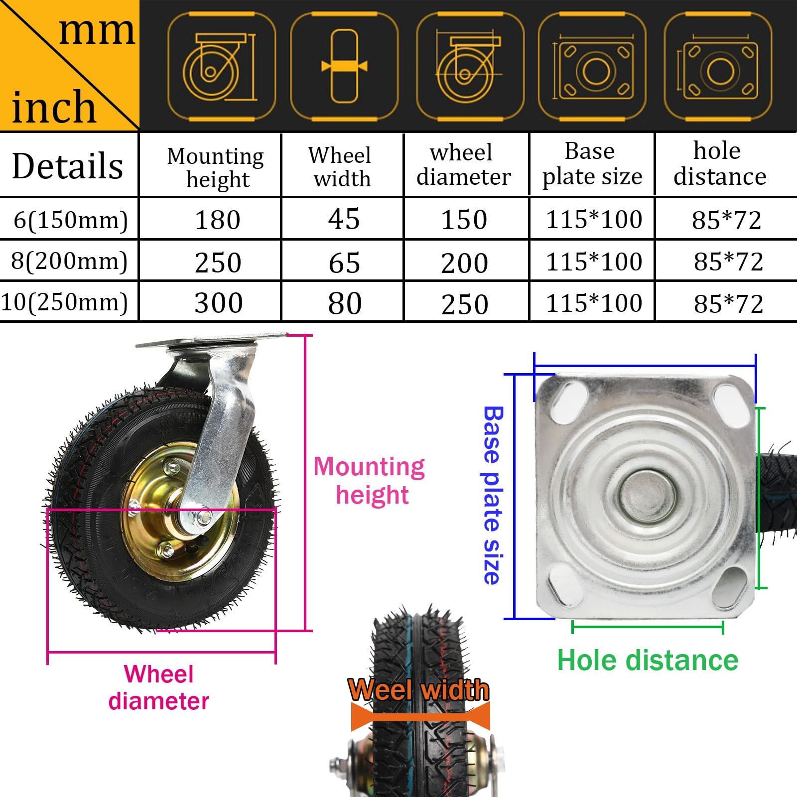 Toolbox Replacement Casters, Rubber Caster Wheel, Wheelbarrow Tires, with Ball Bearings with Screws, for Carts Furniture Trolley DIY Stands Replacement Foot Wheel