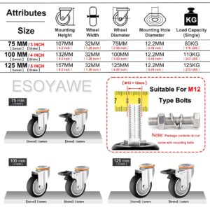 Furniture Replacement Casters Wheel Set of 4 Ø 3 4 5 Inch, Moving Silent No Floor Marks Thermoplastic Rubber Caster, TPE Castors for Furniture Dolly Workben