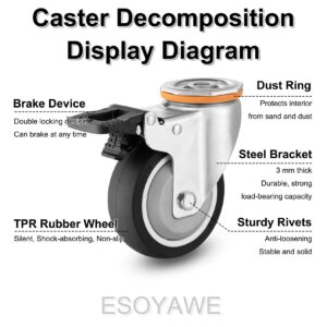 3inch 4inch 5inch TPR Thermoplastic Rubber Swivel Caster Wheel Set of 4, Dual Locking No Noise Casters with Brakes, Furniture Trolley Workbench Replacement Caster