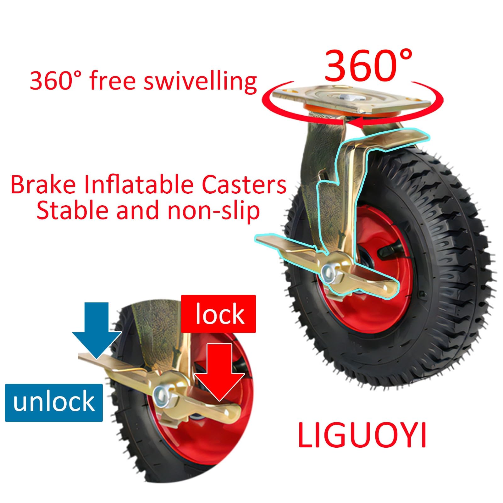 8/10-Inch Pneumatic Fixed Caster Wheel No Noise Swivel Castors with Brakes, 4pcs Wear-Resistant Replacement Foot Wheel, for Trolley Carts Furniture Dolly Workben