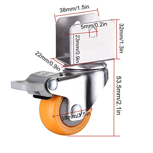 Small Furniture Caster Wheels,360° Swivel Wheels,1.5inch Moving Castor Wheels,Baby Carriage Caster,38mm PA Nylon Caster,with U-Shaped Bracket,Load 75KG,4Pcs,Yellow (Color : Brake+Universal, Size : 2