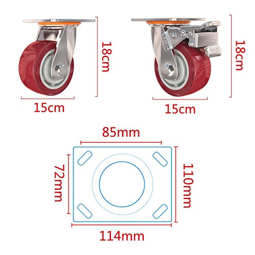 Castor Wheels Heavy Duty Swivel Trolley Furniture Caster with Brakes，360 Degree Swivel Castors,for Workbench, Furniture, Cabinet, Wood Box, Outdoor Plate Casters,4 Pieces Castor Wheel (Color : Red,