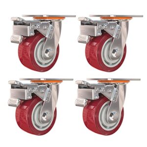 Castor Wheels Heavy Duty Swivel Trolley Furniture Caster with Brakes，360 Degree Swivel Castors,for Workbench, Furniture, Cabinet, Wood Box, Outdoor Plate Casters,4 Pieces Castor Wheel (Color : Red,