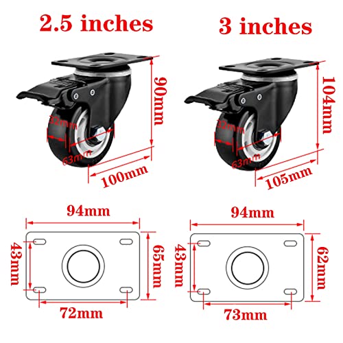 Swivel Casters Wheels 4pcs, Silent Caster for Furniture, Swivel Trolley Furniture Caster with Brakes Black, for Furniture Table Shopping Cart Trolley Workbench, 360 Degree Swivel Castors Castor Wheel