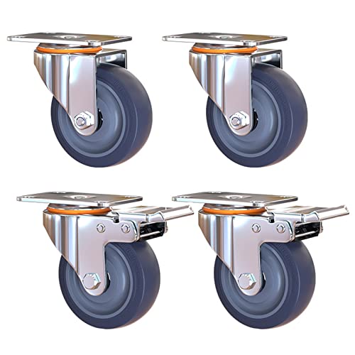 Heavy Duty Rubber Caster, Castors Swivel Castor Wheels Industrial Plate Casters,for Trolleys, Industrial Use and Moving Furniture,2 Brake Casters + 2 Swivel Casters, Blue Castor Wheel (Color : Blue,