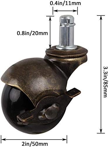 Furniture Castors,Swivel Caster Wheels,Industrial Castor Wheels Heavy Duty Ball Caster Stem 2" 50mm Set of 4 Load Capacity 75KG / 165 Lbs (4) with Metal Sockets Replacement Vintage Antique-A