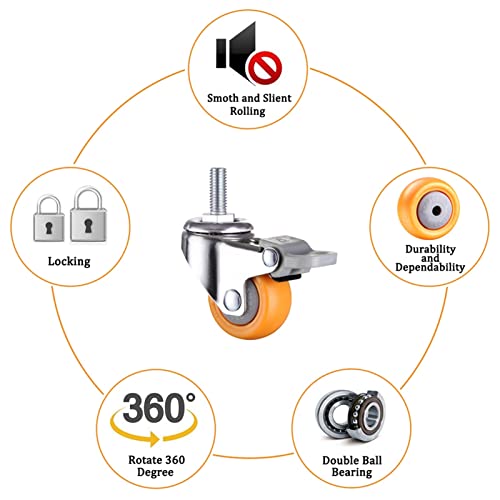 Caster Wheels Set 360 Degree Swivel Orange Caster Wheel 1/1.25/1.5/2 Inch Caster Wheel Nylon Wheels No Noise for Shopping Cart Trolley 1/4PCS Heavy Duty Casters (Color : 1PC with Brake A, Size : 1.2