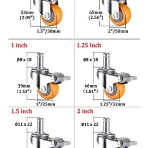 Caster Wheels Set 360 Degree Swivel Orange Caster Wheel 1/1.25/1.5/2 Inch Caster Wheel Nylon Wheels No Noise for Shopping Cart Trolley 1/4PCS Heavy Duty Casters (Color : 1PC with Brake A, Size : 1.2