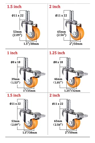 Caster Wheels Set 360 Degree Swivel Orange Caster Wheel 1/1.25/1.5/2 Inch Caster Wheel Nylon Wheels No Noise for Shopping Cart Trolley 1/4PCS Heavy Duty Casters (Color : 1PC with Brake A, Size : 1.2