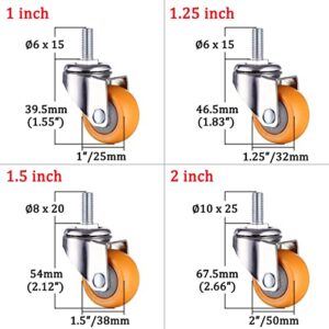 Caster Wheels Set 360 Degree Swivel Orange Caster Wheel 1/1.25/1.5/2 Inch Caster Wheel Nylon Wheels No Noise for Shopping Cart Trolley 1/4PCS Heavy Duty Casters (Color : 1PC with Brake A, Size : 1.2