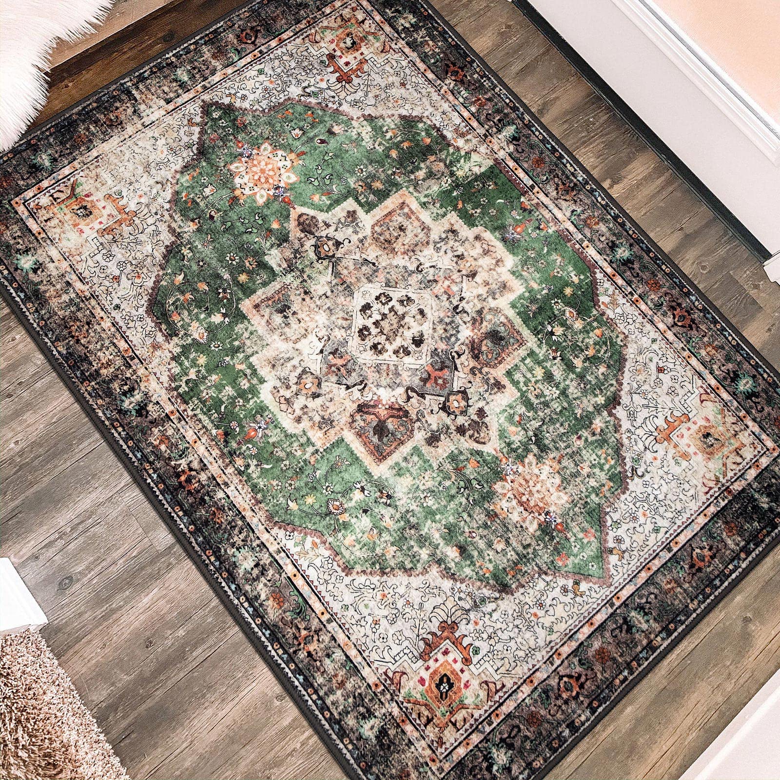 YesRug Small Rug 2x3 Green Boho Vintage Rug for Bathroom Entryway Hallway Kitchen Throw Rug Low Pile Non Slip Washable Floor Carpet