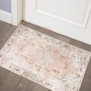 MUJOO Pink Area Rug Small Area Rugs Boho Machine Washable Rugs Non Slip for Entryway Kitchen Bathroom Bedroom Vintage Soft Low-Pile 2'x3' Flowers