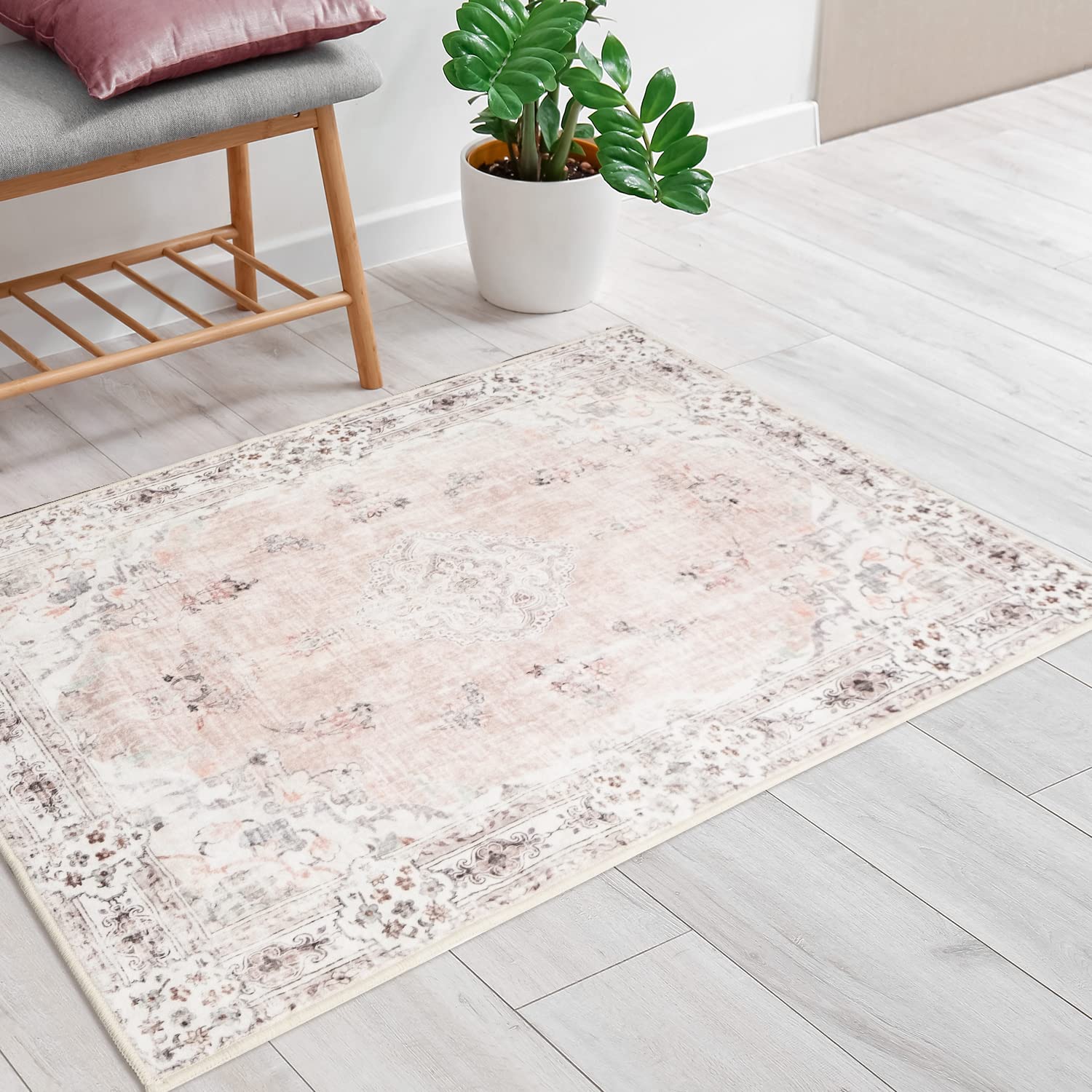 MUJOO Pink Area Rug Small Area Rugs Boho Machine Washable Rugs Non Slip for Entryway Kitchen Bathroom Bedroom Vintage Soft Low-Pile 2'x3' Flowers