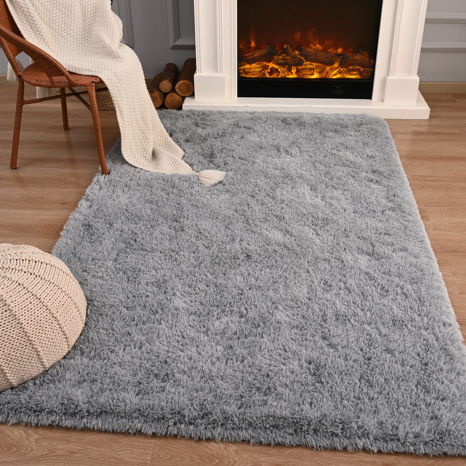 Przemy Fluffy Living Room Rug 5x8 Grey Bedroom Rugs, Shag Fuzzy Large Area Rug, Gray Shaggy Floor Rug Plush Throw Carpet for Nursery Kids Room Bedside Home Decor