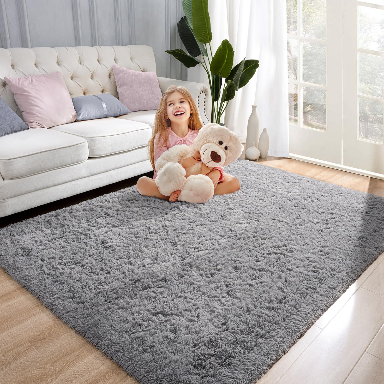 Przemy Fluffy Living Room Rug 5x8 Grey Bedroom Rugs, Shag Fuzzy Large Area Rug, Gray Shaggy Floor Rug Plush Throw Carpet for Nursery Kids Room Bedside Home Decor