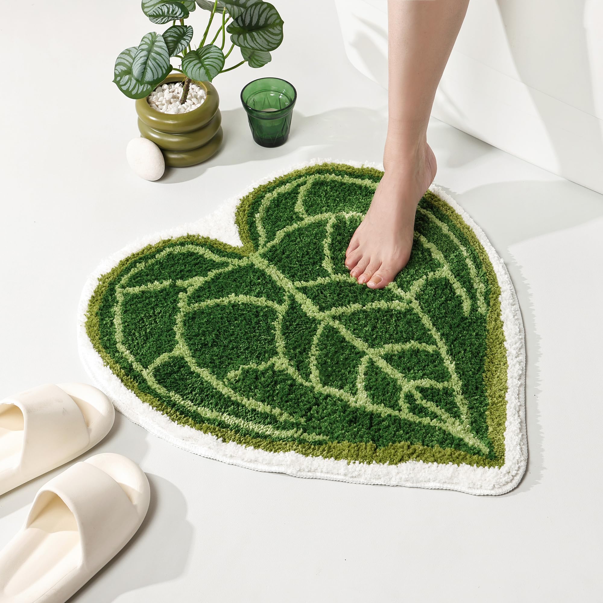 Panstar Green Leaf Bath Mat, Cute Anthurium Clarinervium Bath Rug for Bathroom Non Slip, Fun Plant Shaped Absorbent Bathtub Rug Bathroom Tub Plush Shower Rugs Washable