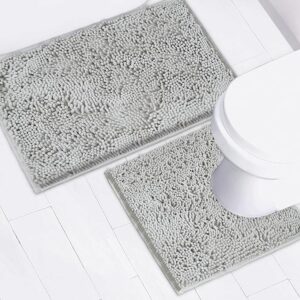 AINAHYVA Bathroom Rugs Chenille Bath mat 2 Piece Set, Super Absorbent, Strong PVC Non Slip Backing, Bath mats for Bathroom, Plush Shaggy, Thick, Machine Washable, Bathtub, Toilet (Light Grey)