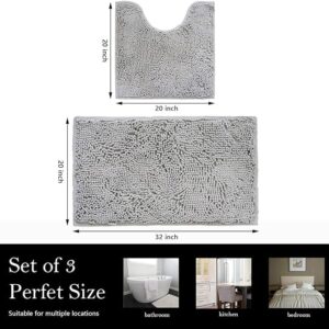 AINAHYVA Bathroom Rugs Chenille Bath mat 2 Piece Set, Super Absorbent, Strong PVC Non Slip Backing, Bath mats for Bathroom, Plush Shaggy, Thick, Machine Washable, Bathtub, Toilet (Light Grey)