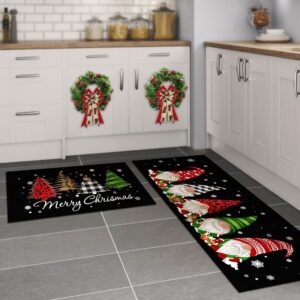 Christmas Kitchen Rugs Set of 2 - Buffalo Plaid Tree Gnomes Black Kitchen mat, Winter Holiday Party Low-Profile Floor Door Mat Merry Christmas Decorations for Home Kitchen - 17x29 and 17x47 Inch