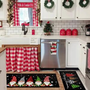 Christmas Kitchen Rugs Set of 2 - Buffalo Plaid Tree Gnomes Black Kitchen mat, Winter Holiday Party Low-Profile Floor Door Mat Merry Christmas Decorations for Home Kitchen - 17x29 and 17x47 Inch