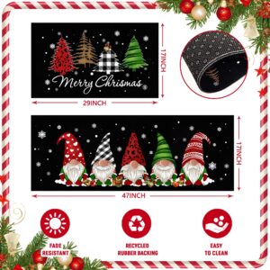 Christmas Kitchen Rugs Set of 2 - Buffalo Plaid Tree Gnomes Black Kitchen mat, Winter Holiday Party Low-Profile Floor Door Mat Merry Christmas Decorations for Home Kitchen - 17x29 and 17x47 Inch