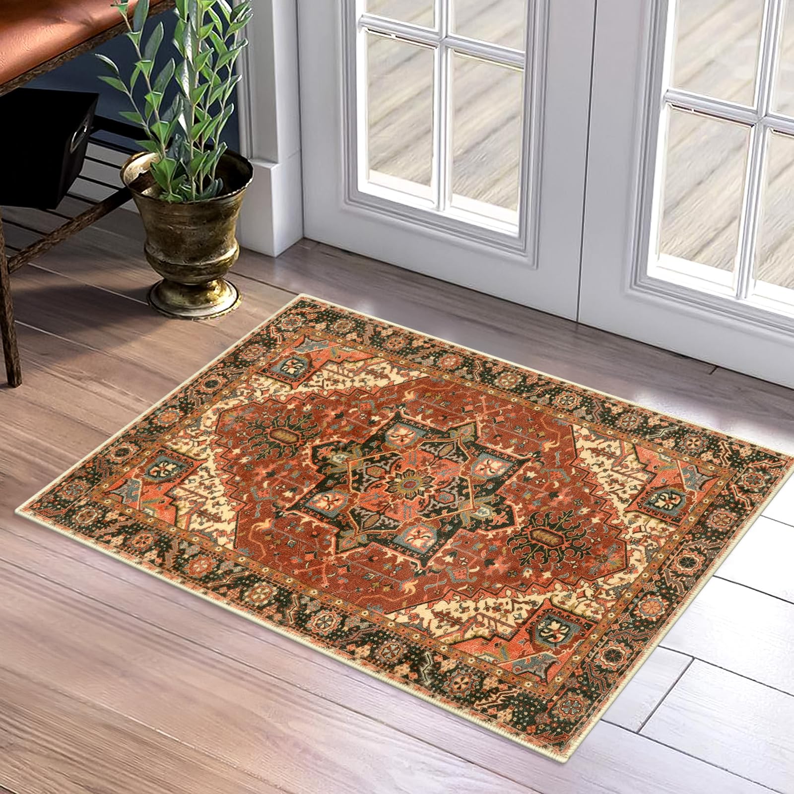 LEEVAN Washable Vintage Indoor Door Mat 2x3, Boho Medallion Non Slip Entry Rug, Retro Distressed Oriental Floral Kitchen Mat, Tribal Low-Pile Welcome Mat, Quick Absorbent Doormat for Front Entrance