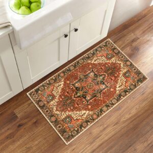 LEEVAN Washable Vintage Indoor Door Mat 2x3, Boho Medallion Non Slip Entry Rug, Retro Distressed Oriental Floral Kitchen Mat, Tribal Low-Pile Welcome Mat, Quick Absorbent Doormat for Front Entrance