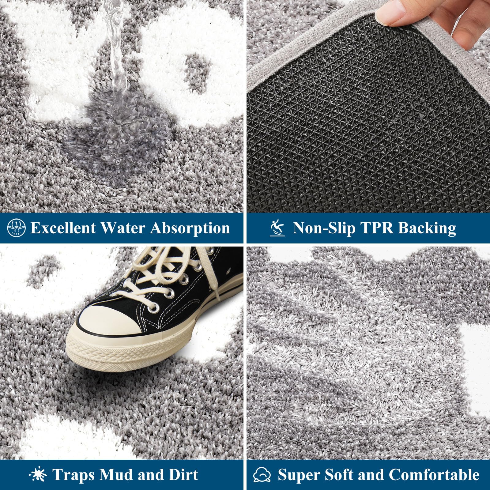 Vaukki Indoor Doormat Entryway Door Mat, Non Slip Absorbent Mud Trapper Mats, Low-Profile Inside Floor Mats, Soft Washable Small Mats Door Carpet for Entryway（Grey and White, 36''x59''）