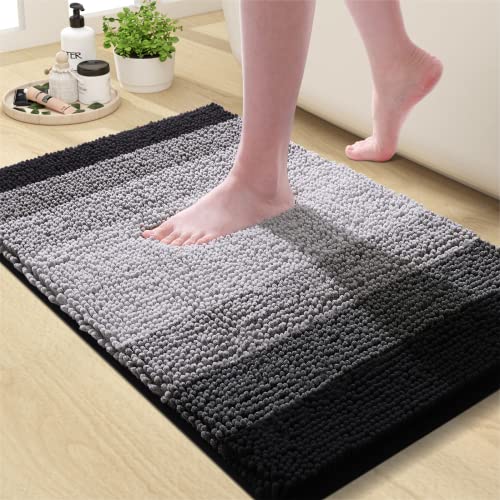 OLANLY Bathroom Rug, Extra Soft Chenille Thick Absorbent Shaggy Mat, Non-Slip Machine Wash Dry Plush Bath Mats for Bathroom, Tub and Shower (24 x 16 Inch, Black)