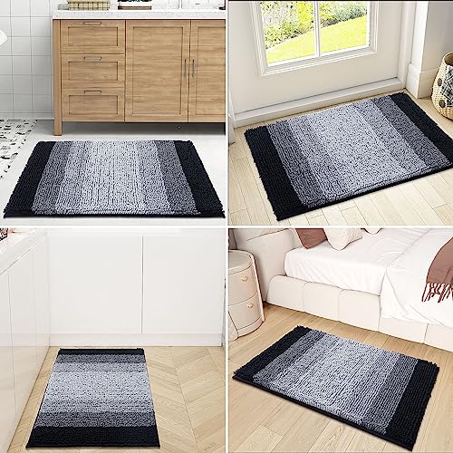 OLANLY Bathroom Rug, Extra Soft Chenille Thick Absorbent Shaggy Mat, Non-Slip Machine Wash Dry Plush Bath Mats for Bathroom, Tub and Shower (24 x 16 Inch, Black)