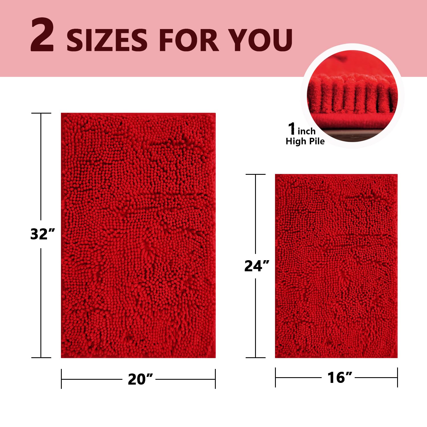 BOANKODU Bathroom Rugs Sets 2 Piece, Extra Soft Chenille Bath Mat Absorbent Bathroom Rug, Bathroom Mat with Sturdy PVC Non-Slip Bottom, Machine Washable Bath Rugs (32x20 Inch + 24x16 Inch, Red)