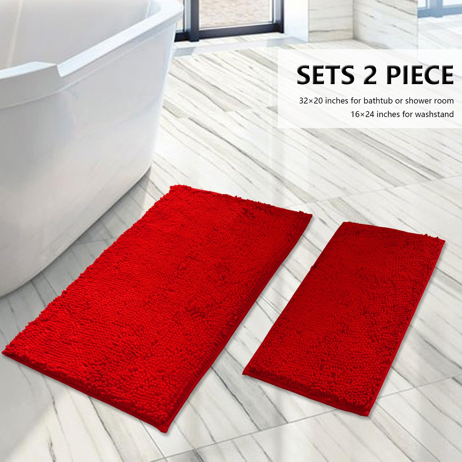 BOANKODU Bathroom Rugs Sets 2 Piece, Extra Soft Chenille Bath Mat Absorbent Bathroom Rug, Bathroom Mat with Sturdy PVC Non-Slip Bottom, Machine Washable Bath Rugs (32x20 Inch + 24x16 Inch, Red)