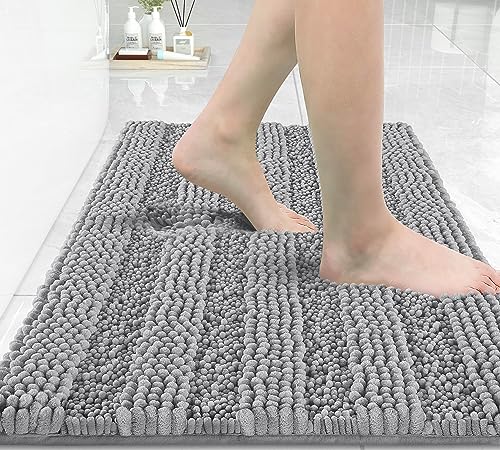 Yimobra Bathroom Rug Mat, Extra Thick and Super Absorbent Bath Rugs, Non Slip Quick Dry Bath Mats, Luxury Microfiber Chenille Plush Fluffy Washable Soft Shower Carpet for Floor, 24" x 17", Light Grey