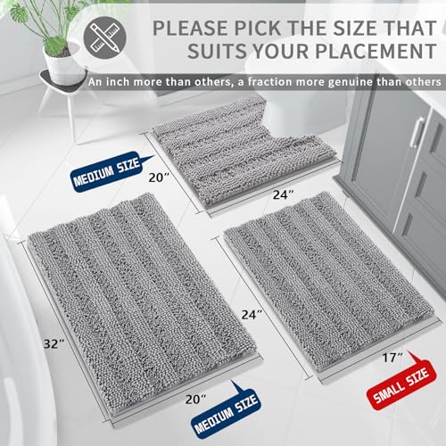 Yimobra Bathroom Rug Mat, Extra Thick and Super Absorbent Bath Rugs, Non Slip Quick Dry Bath Mats, Luxury Microfiber Chenille Plush Fluffy Washable Soft Shower Carpet for Floor, 24" x 17", Light Grey